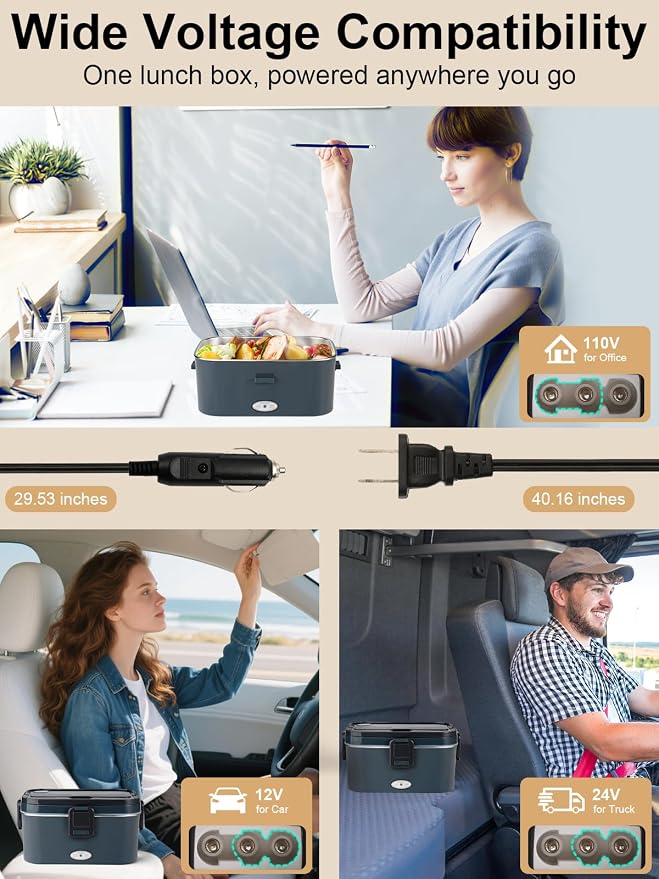 SOHIDA 1.8L+0.5L Heated Lunch Box for Men, 80W Electric Lunch Box with Long-handled Utensils for Adults, 12V/24V/110V Lonchera Eléctrica Portátil, Portable Food Warmer for Car/Truck/Office (Deep Blue) - Image 4
