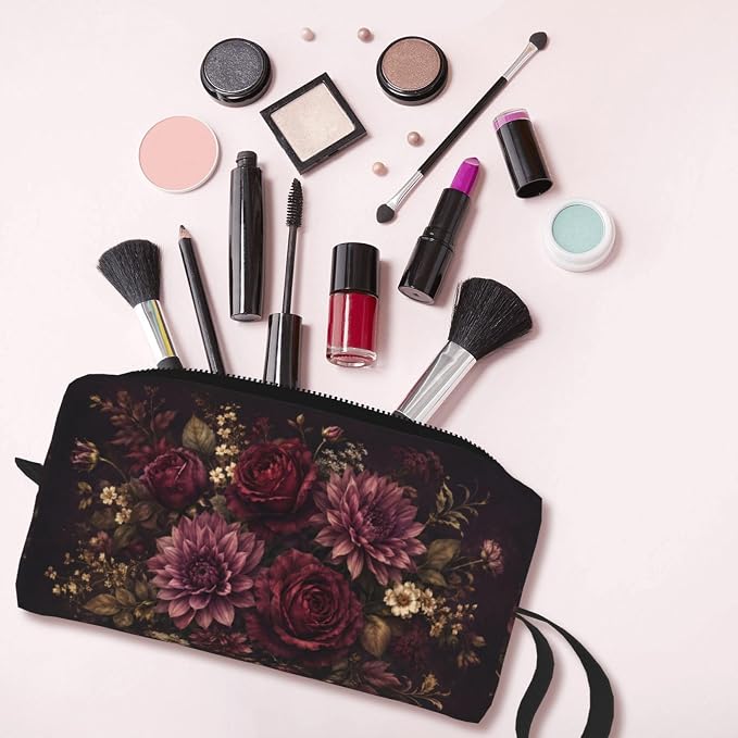 Burgundy Floral Small Makeup Bag, 600D Oxford Travel Pouch | Burgundy Floral Cosmetic Pouch with Double-Sided Print and Foam Padding for Women, Travel, Gym, Weekend Trips and Daily - Image 6