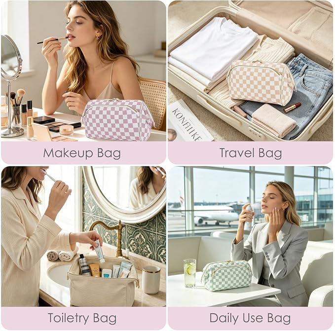 Fammart Travel Makeup Bag for Women, Waterproof Checkered Cosmetic Cosmetic Bag Make Up Organizer Case, Large Wide-open Toiletry Bag for Skincare, Brushes, Bathroom & Travel Essentials - Image 9
