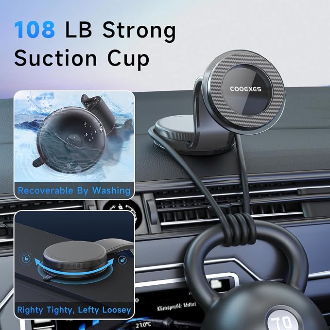Anti-Shake Vacuum Suction Cup Phone Mount - 108LBS, Magnetic Car Mount, Bendable Car Phone Holder for Windshield Dashboard,Memory Alloy Arm, Car Accessories for iPhone 17/16/15，Texture Black - Image 2