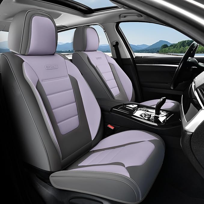 Coverado Car Seat Covers Front, Seat Covers for Cars, Waterproof 2-Pack Car Seat Cushions, Leather Carseat Seat Protectors, Universal Seat Covers Fit for Most Sedans SUV Pick-up Trucks(Gray&Purple) by COVERADOAUTO