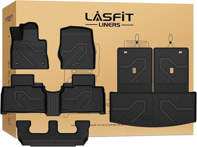 LASFIT Floor Mats for Ford Explorer 2020-2025 2026 7 Seats with Cargo Liner | Not Fit 6 Seats Custom Fit All Weather Protector TPE Easy Clean Floor Liners with Car Trunk Backrest Mat 5pcs Full Set Black by LASFIT