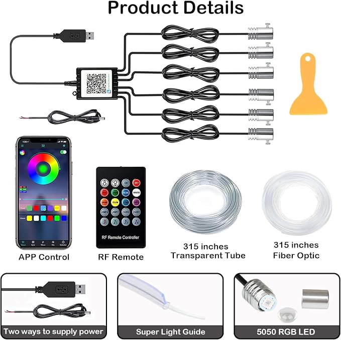 DEHERANE Interior Car LED Strip Lights, APP& RF Remote Control | 6 in 1 Car Ambient Lighting Kit with 315 inches Fiber Optic, 16 Million Colors Car LED Lights, Sync to Music - Image 4