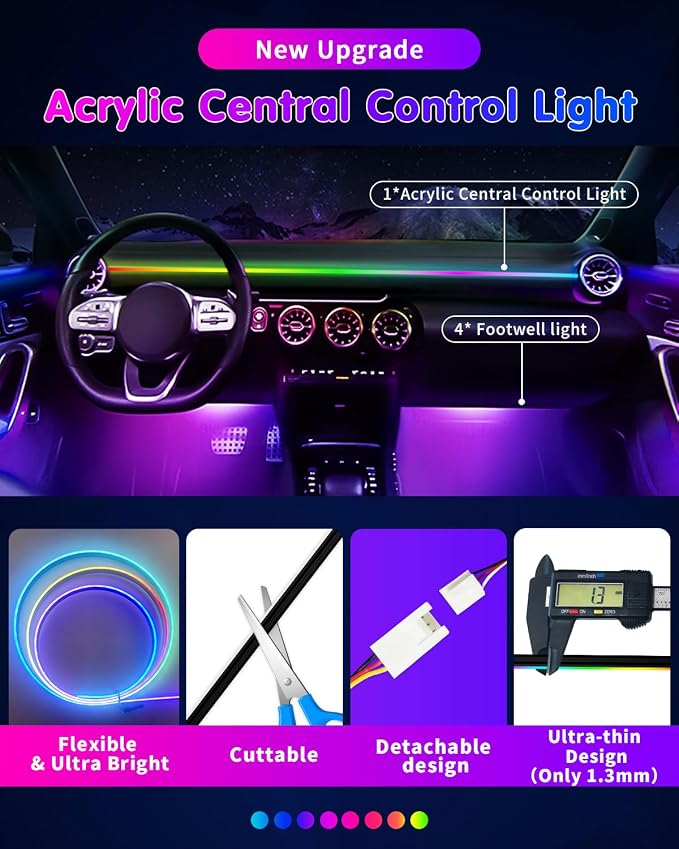 DUOFU365 Car Led Light Interior, RGB Dreamcolor Inside Light Music Sync | Under Dash Footwell Automotive Strip Light, 12V Acrylic Strip Light for Vehicle, Truck,Jeep, SUV with Car Charger(1set) - Image 3