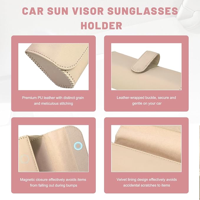 Sunglasses Holder for Car Visor, Auto Sunshade Eyeglasses Storage Case with Hidden Magnetic Closure, PU Leather Sunglass Protective Box for Most Vehicles Sun Visors (Beige) - Image 3