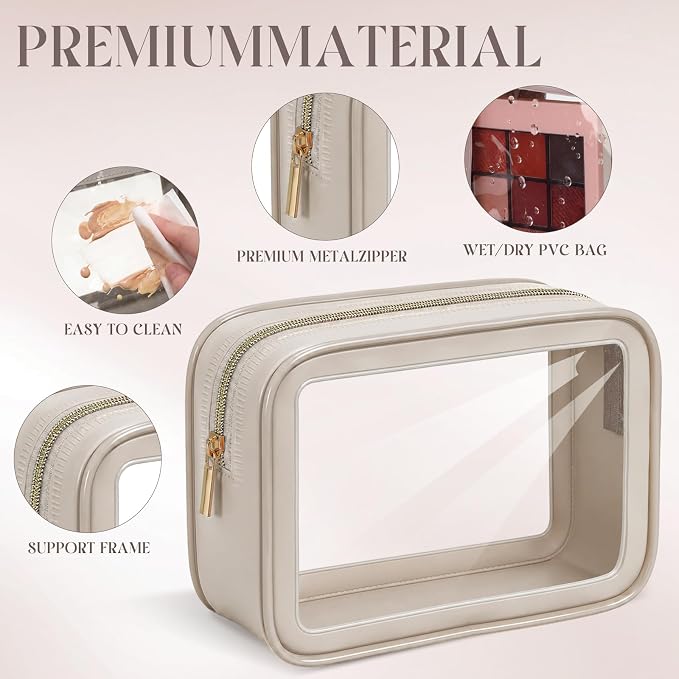 Hsei 6 Pcs Clear Makeup Bags Diaper Bag Organizer Travel Toiletry Bags with Zipper Clear Cosmetic Organizer Car Storage Pouch Bridesmaid Gift for Women Beach Vacation (Khaki) - Image 3