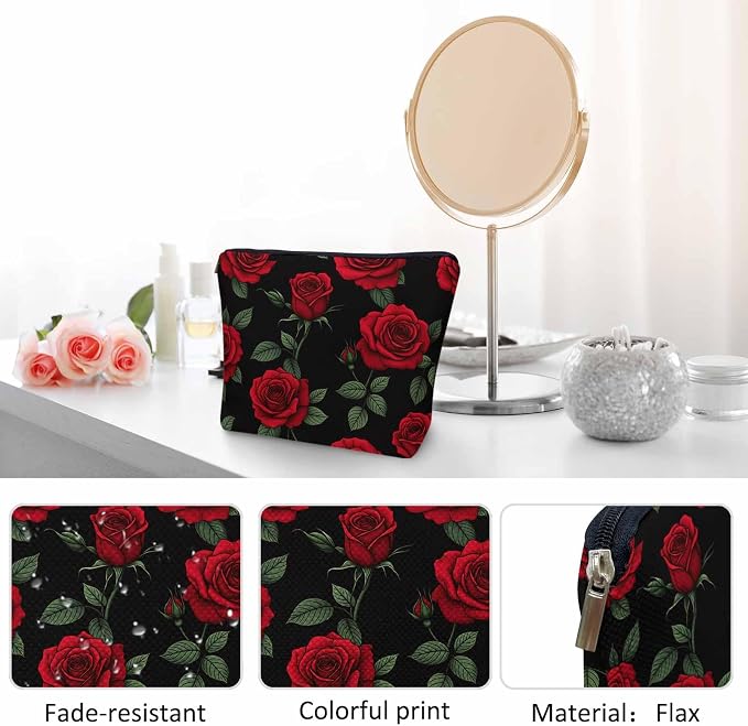 Woman Rose Makeup Bag - Blossom Flower Roses Red Travel Cosmetic Bags Toiletry Makeup Organizer Pencil Pouch For Owners Lady Birthday Gifts - Image 5