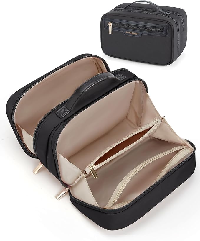 BAGSMART Compact Makeup Bag, Make Up Bag with Multiple Compartments for Organizer, Durable Cosmetic Organizer for Women for Travel Accessories (Black by BAGSMART