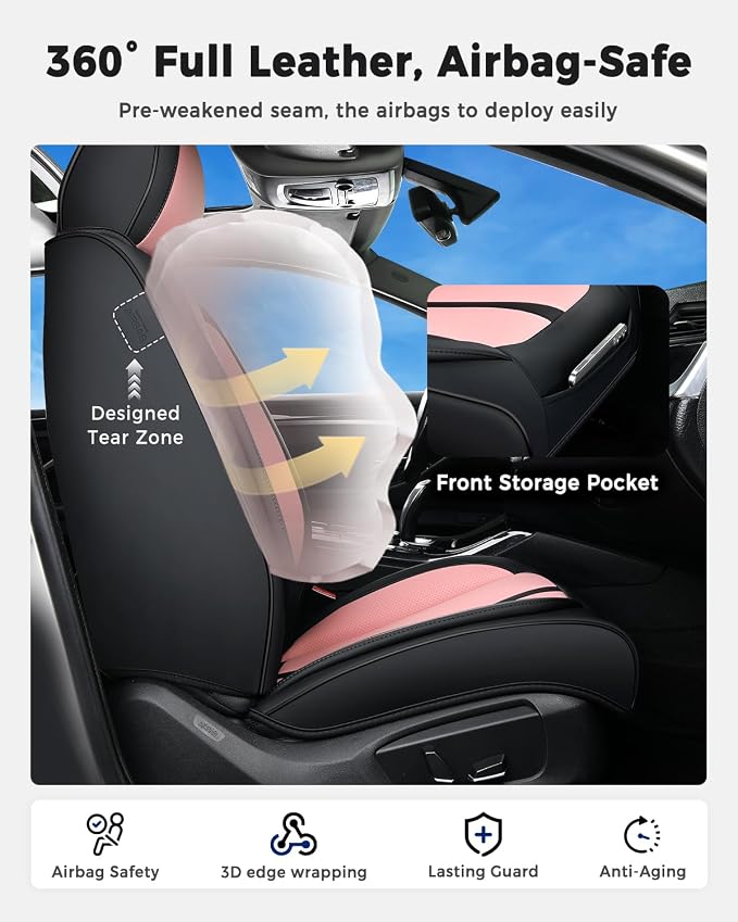 Huidasource Car Seat Covers Front Seats Luxury Nappa Leather, Front Seat Covers with Airbag, Front Storage Pocket, Lumbar Support, Cooling＆Heating, Universal Fit for Most Cars SUV Trucks, Black&Pink - Image 2