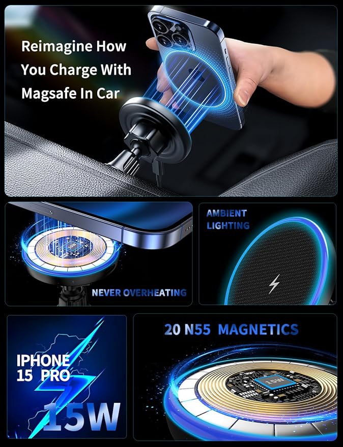 Mag Safe Car Mount Charger, 3 in 1 [LED RGB HandsFree] Wireless Car Charger | Strong Magnetic Phone Holders for Your Car- Fast Charging MagSafe Car Phone Monut Charger for iPhone 17/16/15/14/13/12 Series - Image 6