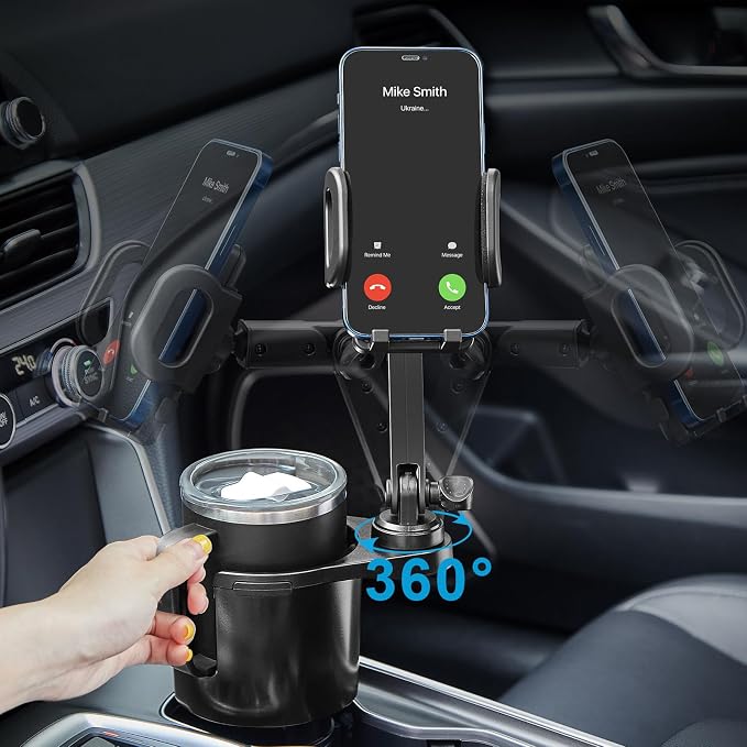 Cup Holder Phone Mount, 2 in 1 Cup Holder Expander for Car Long Arm with 360°Rotation Cup Holder Cell Phone Holder for Car Compatible with All Smartphones - Image 2