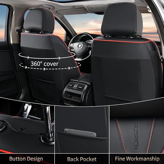 FLORICH Leather Car Seat Covers, Automotive Seat Cover 2 Pack Waterproof Seat Covers for Cars Driver Seat Cover Protectors Universal Fit for Most Cars SUV Trucks Vehicles, Black&Red Line - Image 2