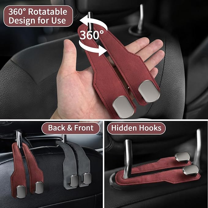 Car Purse Hook, Car Seat Headrest Hooks, Hot Pink Leather 2 Pack | Car Purse Holder Hooks, Universal Car Hangers Seat Back Organizer Storage, Double Metal Hooks for Grocery Purses and Bags - Image 3
