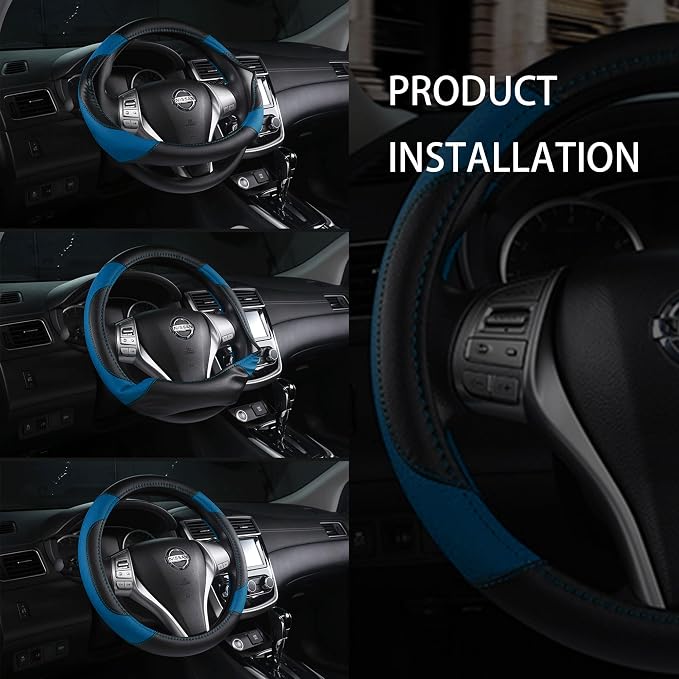 Leather Car Steering Wheel Cover, Universal Fit for Most Cars, Blue-2 | Microfiber Leather,Non-Slip Breathable Auto Steering Wheel Protector - Image 7