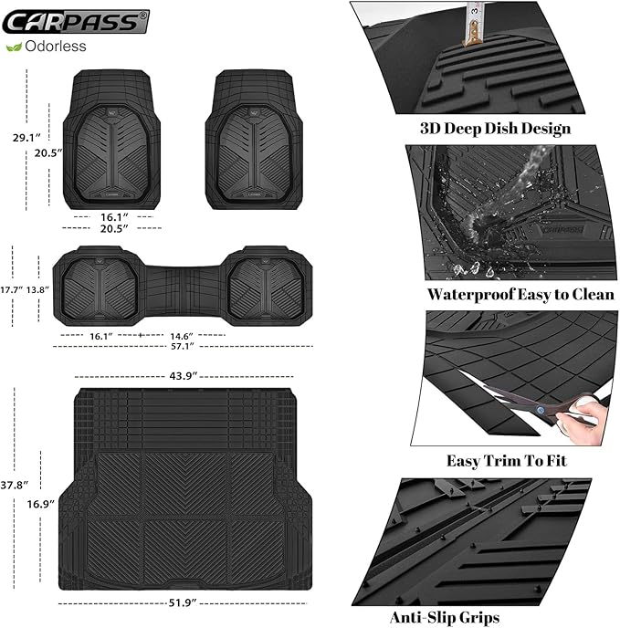 CAR PASS Heavy Duty Rubber Car Mats with Cargo Liner, Deep-Dish Car Floor Mats and Trunk Mat All Weather, Universal Trim-to-Fit for SUVs Trucks Sedans, Waterproof Anti-Slip, Trimmable V12 Black - Image 5