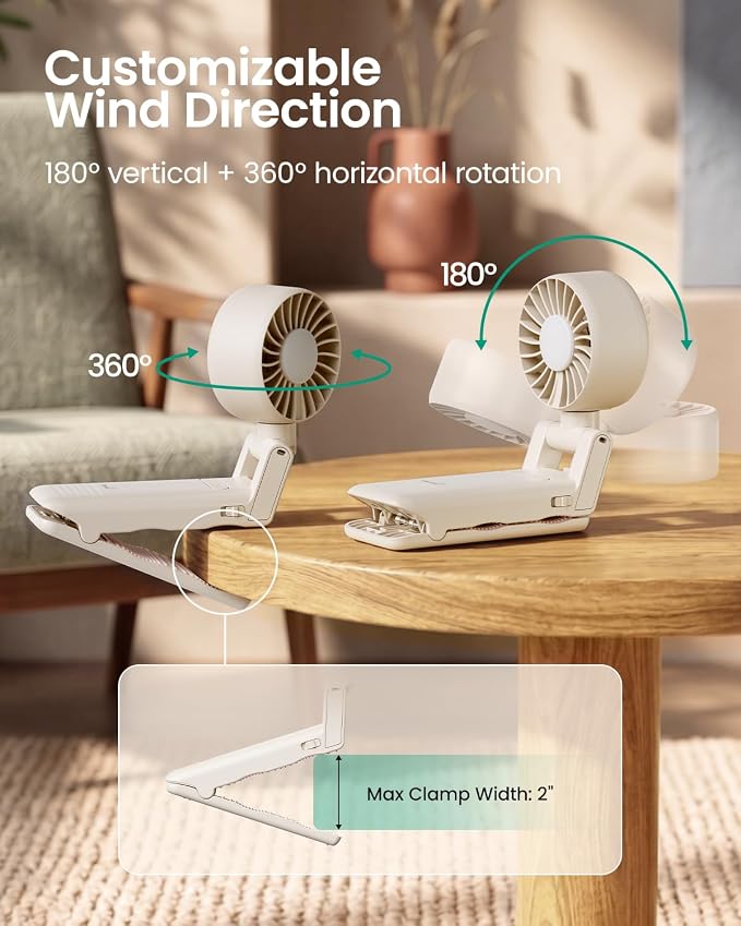 GROWNSY 4-in-1 Portable Baby Stroller Fan with Clip & Night Light, Beige | Foldable & Rechargeable, 4 Adjustable Wind Speed for Handheld/Car Seat/Carrier/Beach/Travel/Crib/Camping - Image 9