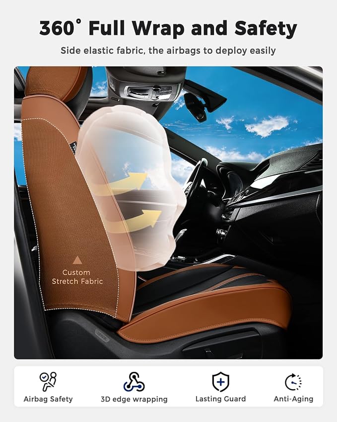 Huidasource Front Car Seat Cover, Luxury Faux Leather Car Seat Covers Front Seats, Fit Airbags, Seatbelt Buckles, Perforation, Cooling＆Heating, Universal Fit for Most Cars Vans Trucks SUVs Brown＆Black - Image 3