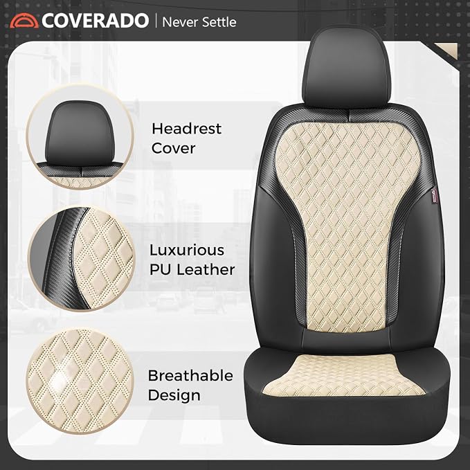 Coverado Car Seat Cover 5 Seats, Leather Seat Covers Full Set, Durable Waterproof Car Seat Protectors, Black and Beige Seat Cover, Spill-Proof Automotive Seat Covers Universal Fit for Most Cars - Image 6