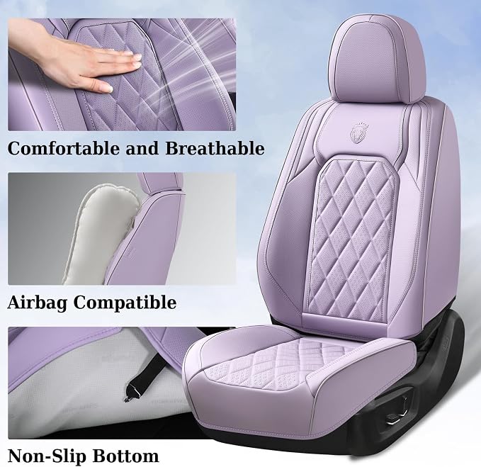 Coverado Car Seat Cover Front Seats, 2-Pack Luxury Faux Leather Seat Covers, Purple Car Seat Cover, Waterproof Car Seat Protectors, Driver Front Seat Cover Universal Fit for Most Cars, Purple - Image 3