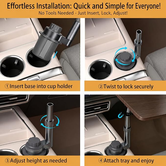 Wisamic Car Table Tray & Car Desk for Laptop - 360° Wooden Cup Holder Table | 360° Rotation Drive Thru Car Food Tray, Height-Adjustable Car Laptop Desk Mount, Fits for Tesla Model Y/3/S and Most Vehicles - Image 7