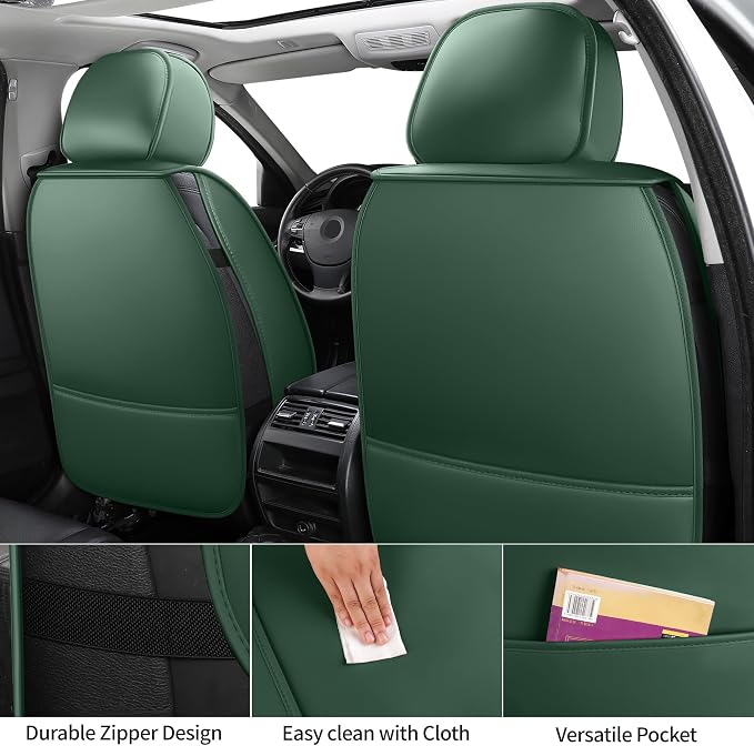 Green Thick Nappa Leather Automotive Front Car Seat Covers Set of 2 | Univerasal Fit,Lumbar Support,3D Contoured,Semi Coverage,Waterproof,ThickTexture,for most Suvs Trucks Sedans - Image 6