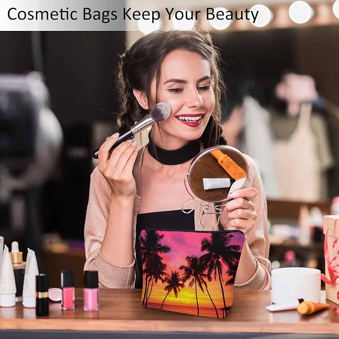 Tropical Beach Makeup Bags Makeup Organizer, Hawaii Ocean Beach Palm Trees Sunset Flax Toiletry Bags Travel Cosmetic Bag Makeup Purse Pouch Skincare Bag Wallet Bags For Women Female Mom - Image 2