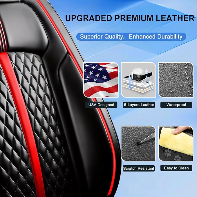 Fit Patriot Seat Covers Custom Fit for Jeep Patriot 2007-2017, Full Set | Premium Leather Full Coverage Protectors, Waterproof, Breathable, Scratch Resistant, Easy Wipe, Airbag Compatible, RedTrim - Image 3