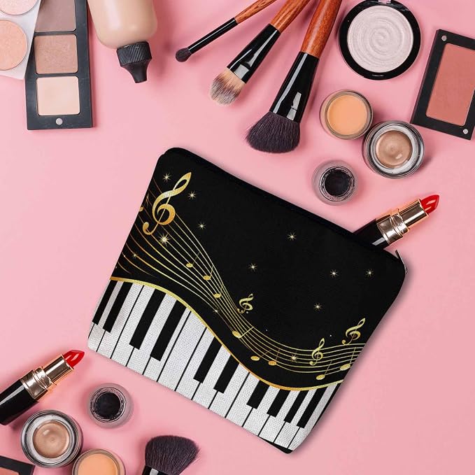 Women Makeup Organizer Bag Piano Music Notes Instrument Piano Flax Cosmetic Bag Makeup Bags Toiletry Bag Accessories Organizer Travel Bags For Home Bathroom Office Hotel Gym Black Golden - Image 3