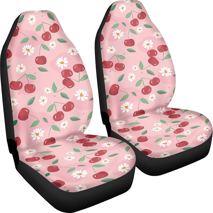 Pink Cherry Print Universal Fit Front Car Seat Cover for Women Girls Stain Resistant Car Seat Covers Bucket Seat Protector Prefect for Automotive, Van, Truck, SUV Cute Daisy Fruit Pattern - Image 6