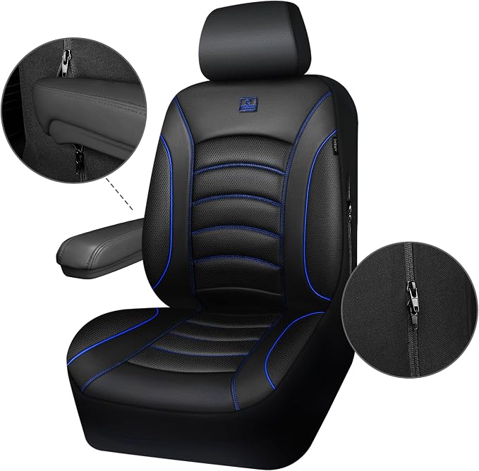 CAR PASS 3D Foam PU Leather Car Seat Covers, Universal Seat Covers Front 2 for Trucks SUV Sedan Automotive Seat Covers Armrest Airbag Compatible Waterproof Comfortable Faux Nappa Leather Black Blue - Image 9