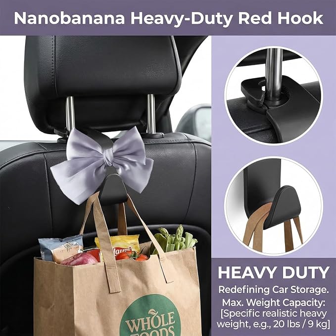 2PCS Car Seat Headrest Hook, Cute Bow Stylish Seat Back Purse Handbag Hanger Organizer, Multi-Purpose Auto Backseat Storage Hook Holder for Umbrella Coat Bag, Universal Fit (Purple) - Image 4