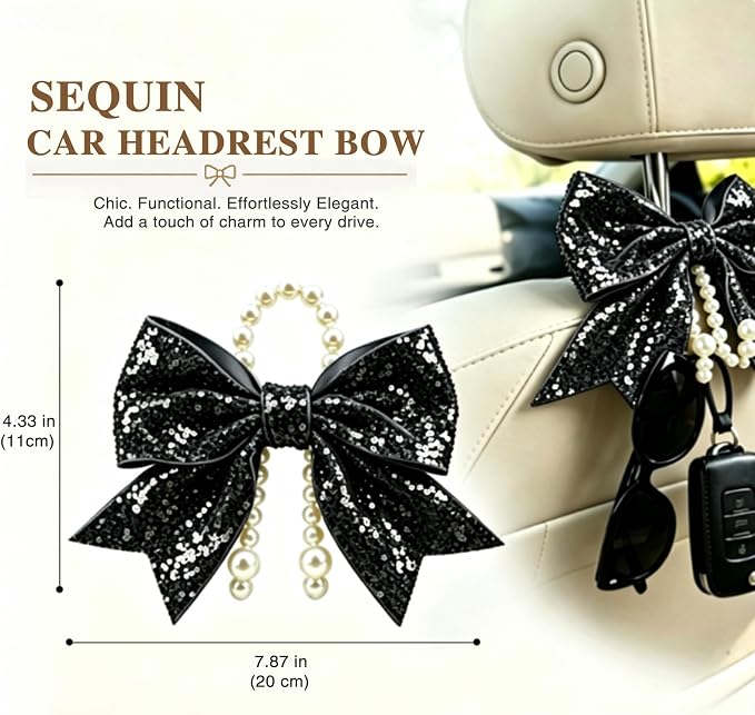 2 Pack Pearl Car Seat Headrest Hook with Bow & Sequin/Leopard/Polka Dot Design – Cute Purse Hanger for Vehicle,Grocery Bags, Umbrellas, Seat Back Organizer for Women (Black Sequins) - Image 3
