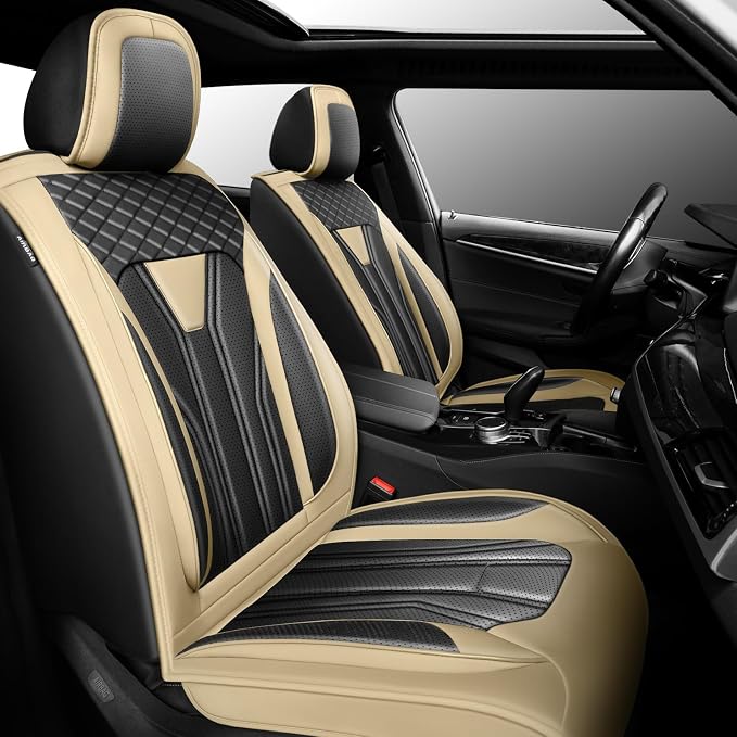 Fit Frontier Car Seat Covers Premium Leather for Nissan Frontier 2009-2025 2026. Waterproof， Breathable, Scratch-Resistant & All-Weather Seat Cushion Protector（Front Seat,Beige&Black by Unknown