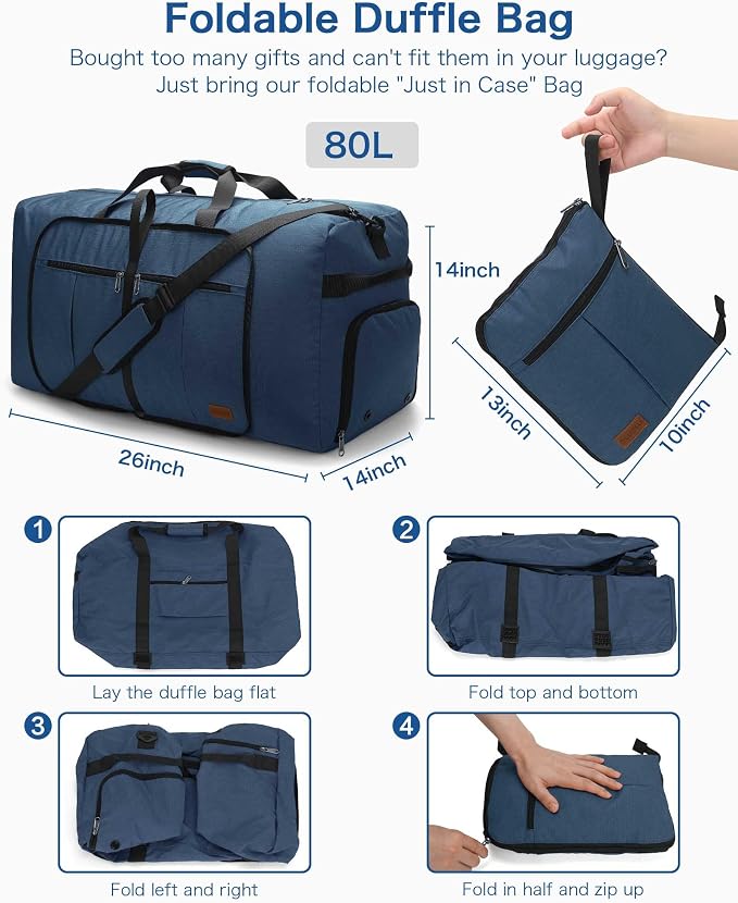 80L EXTRA LARGE Duffle Bag for Travel, 26" Foldable Travel Duffel Bag with Shoe Compartment for Men Women, Waterproof & Tear Resistant (Dark Blue, EXTRA LARGE, 80L) - Image 2