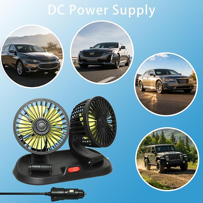Adjustable Dual Head Car Cooling Fan 12V-Brushless Motor-2 Speeds, 360Rotation, for Car Dashboard, Powerful Cooling Solution for Sedan/SUV/RV/Truck/Van Vehicles,Cigarette Lighter Powered (2-head 12V) - Image 4
