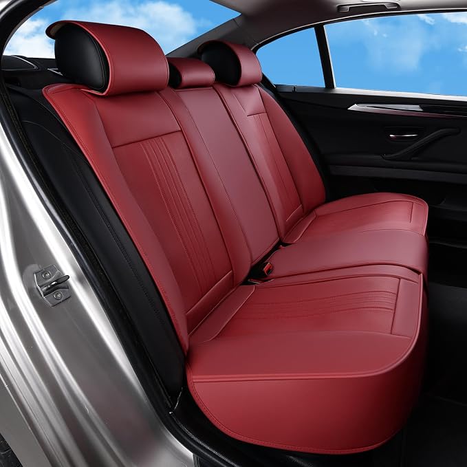 Huidasource Rear Car Seat Cover, Luxury Faux Leather Back Seat Cover, Velcro Adjustable, Compatible with Child Seat, Perforation Cooling＆Heating, Universal Fit for Most Cars, Vans, Trucks, SUVs, Red - Image 8