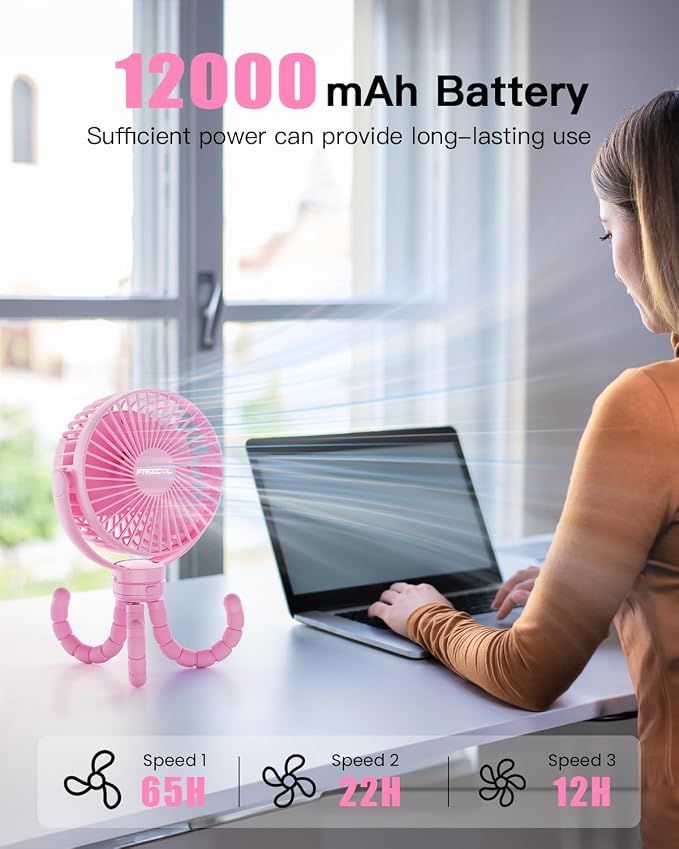 FRIZCOL 12000mAh Portable Stroller Fan, Use As Power Bank, 65H Battery Operated Fan Flexible Tripod Clip On Fans, Detachable Personal Handheld Baby Fans for Stroller, Car seat, Desk, Treadmill（Pink） - Image 2
