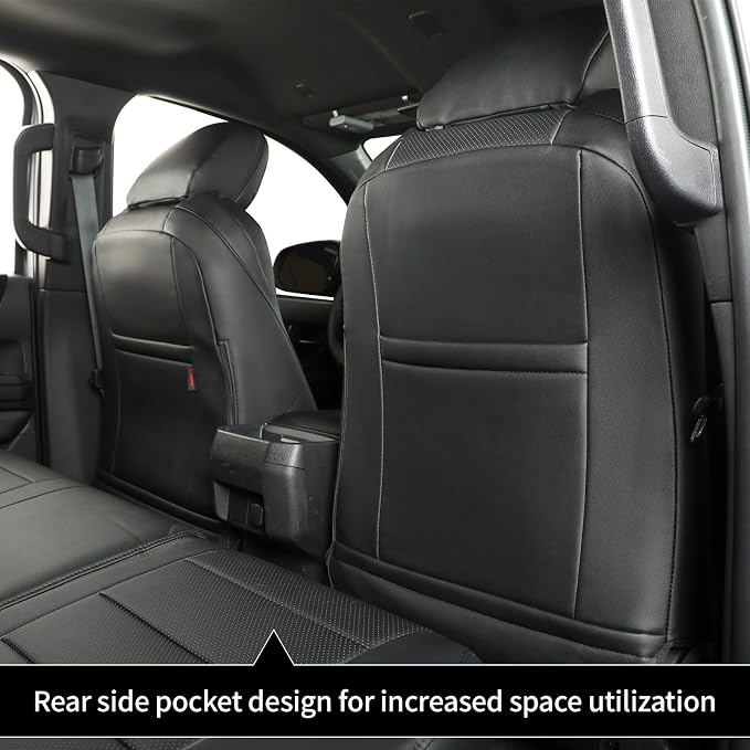 Custom Seat Covers for 2019-2026 Ram 2500/3500 CrewCab Bighorn,Faux Leather | Full Set Heavy Duty Pickup Seat Cushion,Front w/No Headrest Cutout,Rear 40/60 Split Curved Bench Seat,Black - Image 7