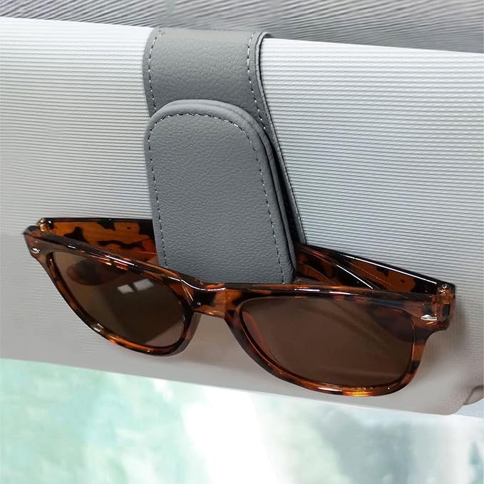 EldHus Sunglass Holder for Car Visor - 2 Pack Magnetic Car Glasses Holder Clip, Leather Eyeglass Holder for Car, Universal Sunglasses Clip for Car Visor, Gray - Image 2
