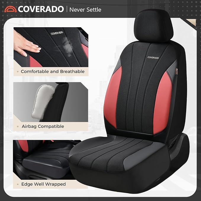 Coverado Seat Covers 2-Pack, Waterproof Car Seat Covers, PU Leather & Breathable Mesh Seat Protectors, 2 Seats Automotive Seat Covers, Universal Fit for SUVs, Trucks, Sedans - Image 2