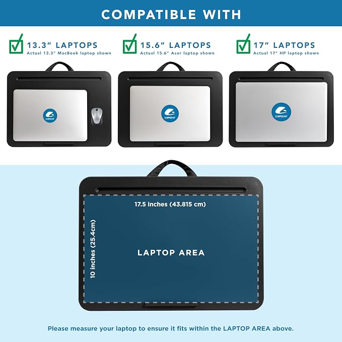 LAPGEAR The Original Lap Desk – Black, Fits 17" Laptops | Microbead Cushion, Device Ledge, Built-In Pencil Tray, Carry Handle - Image 3