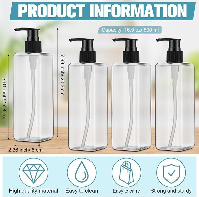 Didaey 8 Pcs Empty Shampoo Bottles with Pump 16 Oz Plastic Soap Dispenser Refillable Body Wash Bottles for Bathroom, Kitchen Sink, Hotel, Salon(Transparent, Black) - Image 2