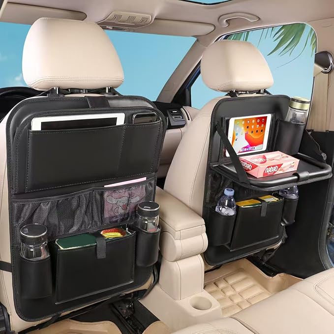 2PACK Leather Car Backseat Organizer with Tablet Holder - 9 Large Storage Pockets, Foldable Food Tray & Anti-Scratch Kick Mats - Universal Car Seat Protector for Kids, Pets & Travel Accessories by MONKONAR