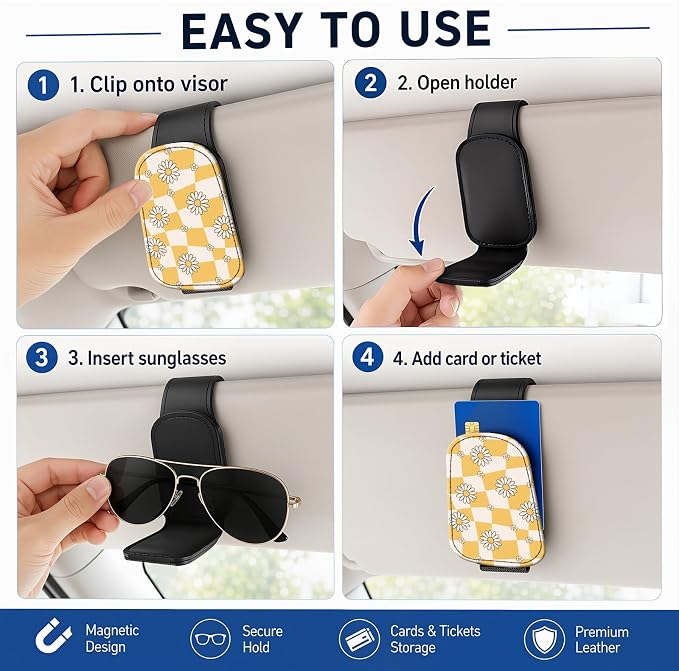Leather Magnetic Sunglass Holder for Car Sun Visor, Cute Eyeglass Ticket Card Hanger Clip, Universal Auto Interior Accessories for SUV Pickup Truck, Daisy Plaid - Image 5