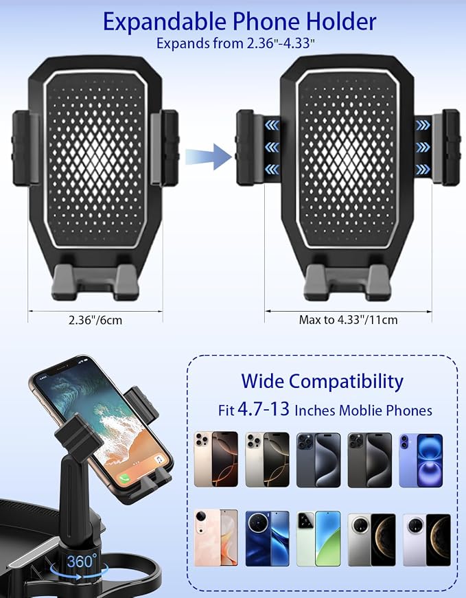 Car Cup Holder Tray - 4 in 1 Adjustable Car Cup Holder Expander with Food Tray Table and Phone Mount 360° Swivel for All Purpose, Automotive Essentials for Driver and Front Passenger - Image 5