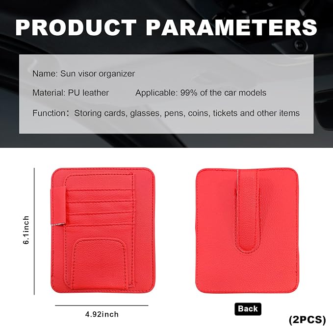 Dickno 2PCS Small Leather Car Sun Visor Organizer, Multifunctional Auto Visor Document Holder with Sunglasses Clip, Universal Car Interior Organizer for Drving License, Card, Pen (Red) - Image 2