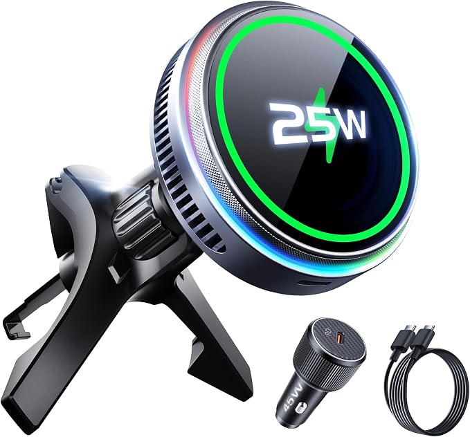 Qi2.2 25W Wireless Car Charger Magnetic Phone Holder Mount for Magsafe with Cooler for Air Vent (TEC), Wireless Fast Charger 25W for iPhone 16-17 Series with iOS 26,15W for iPhone 12-15 (Grey) by avediolinks