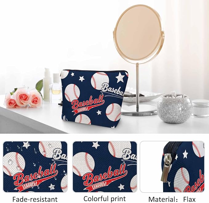Baseball Makeup Organizer Bag Cosmetic Bag For Men Women, Sports Ball Softball Baseball Blue Travel Toiletry Bag Flax Makeup Bags Purse Business Makeup Pouch For Toiletries Cosmetics - Image 5