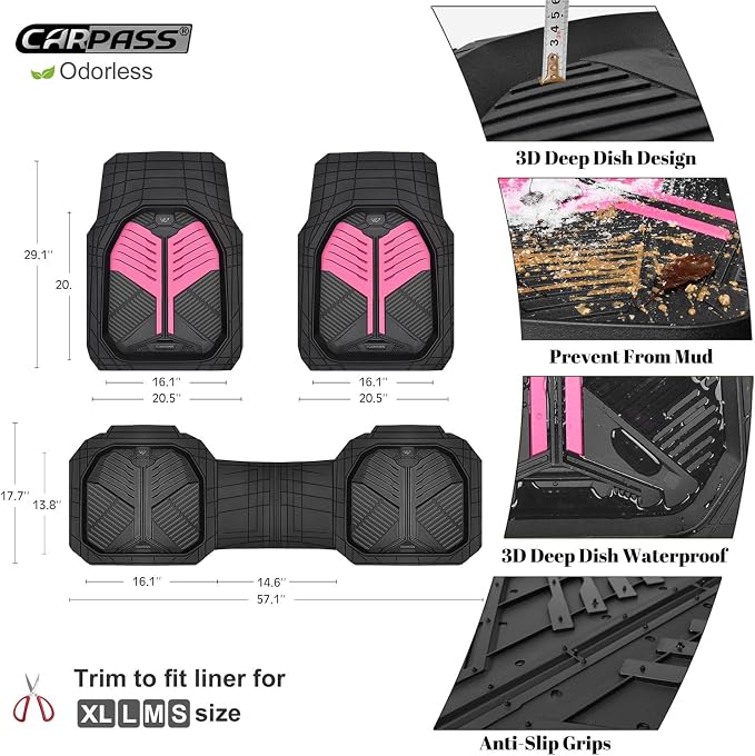 CAR PASS Heavy Duty Rubber Car Mats, Deep Dish Car Floor Mats All Weather, Car Mats Full Set 3-Piece Trim to Fit for Sedans SUVs Trucks,Women Waterproof Anti-Slip Automotive Mats, V12 Black and Pink - Image 3