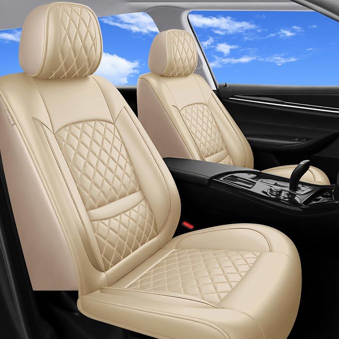 Car Seat Covers for GMC Acadia 2007-2026, Front Pair, Beige | Luxury Full Coverage Leather Seat Protectors, Waterproof Breathable, Non-Slip, Easy to Install, Airbag Compatible, All-Season by Unknown